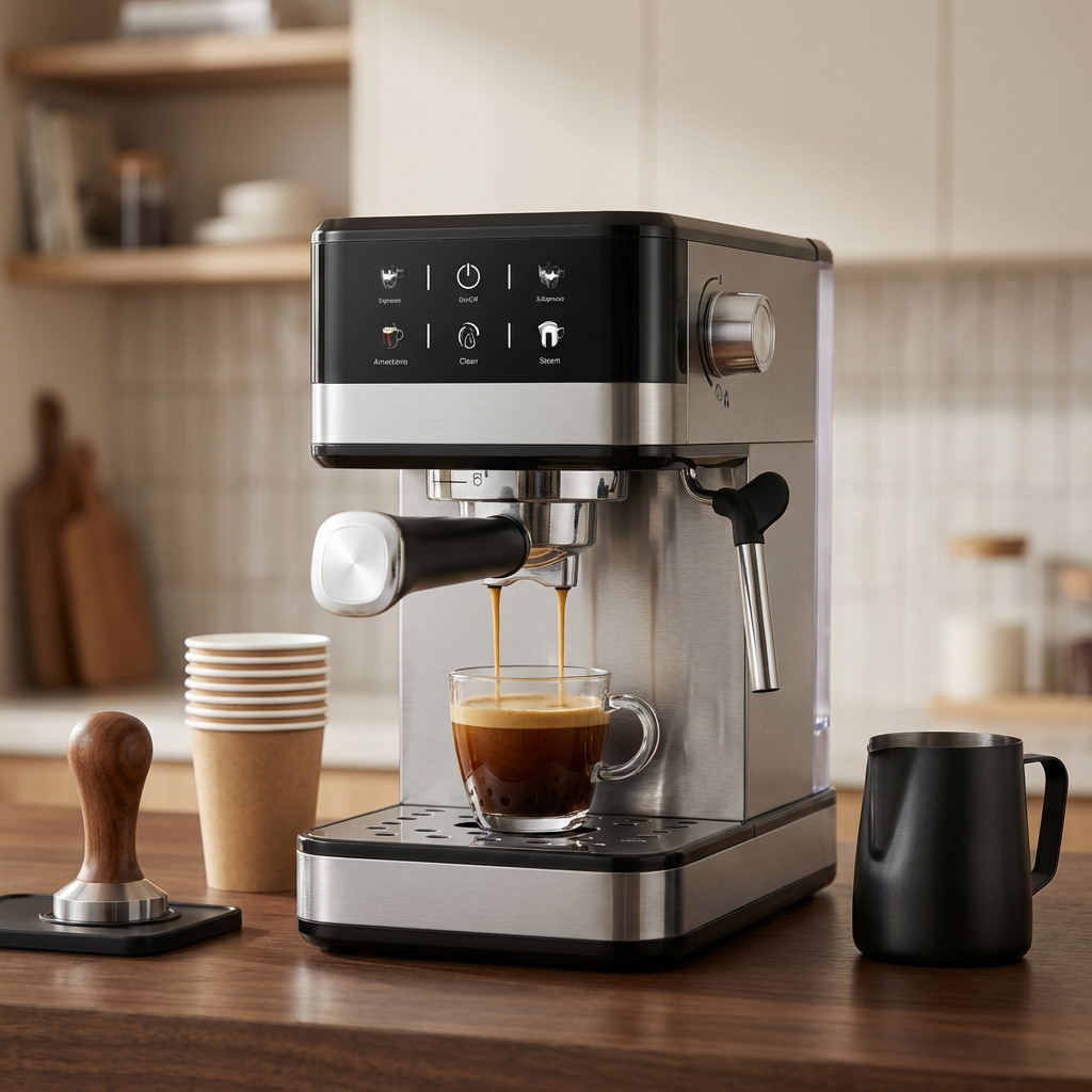 New Stainless Steel Household Small Coffee Machine with Milk Tank Semi-Automatic Espresso Machine Cross-Border European Regulations Logo