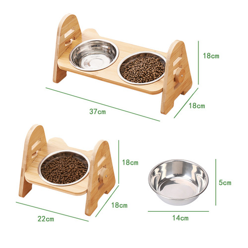 Pet Ceramic Bowl with Double Bowls, Slanting Edge for Neck Protection, Cat Food Bowl, Anti-Toppling Pet Dog Bowl with Adjustable Bamboo Wood Stand