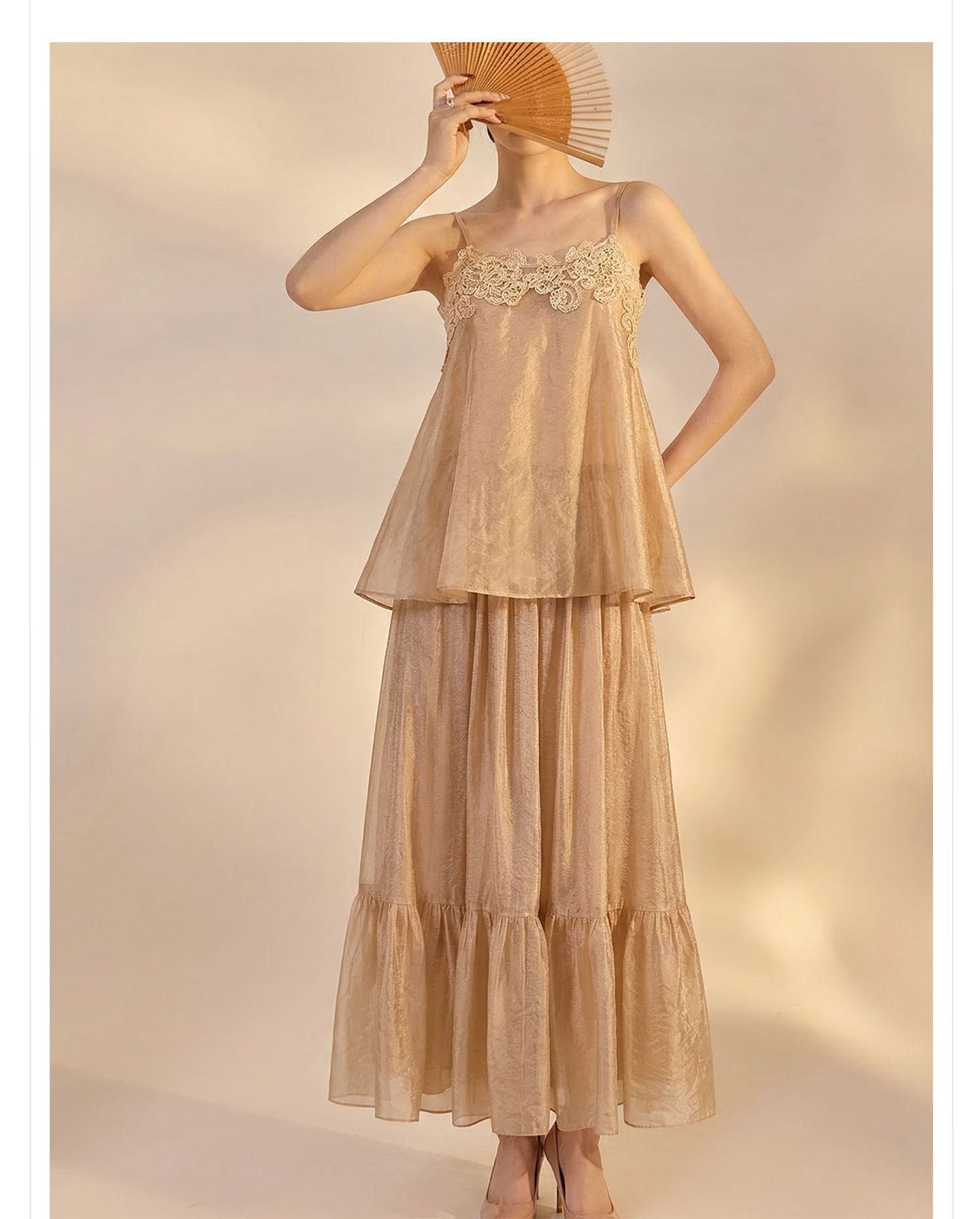 Bộ đầm maxi nữ thắt eo phong cách cổ điển Trung Hoa cao cấp (áo dây + chân váy) — nửa váy, Trang chủ chi tiết 6