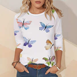 清新风水彩蝴蝶印花白色七分袖圆领T恤舒适透气女式夏季日常百搭
