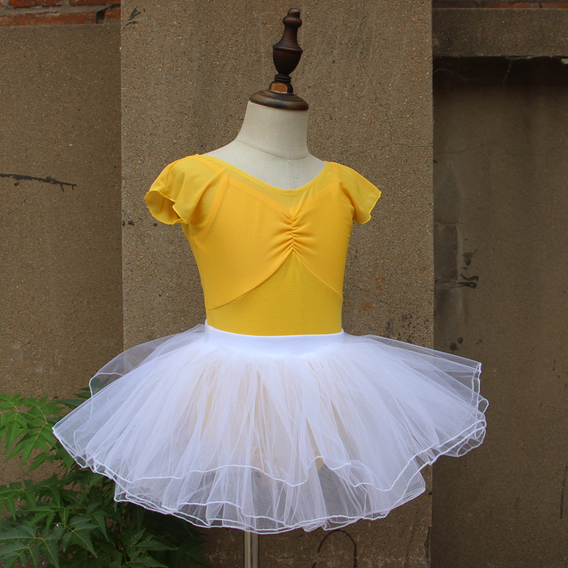 子供のダンスの練習服の女の子の夏のガーターの形の服のオレンジの粉の半袖の中国のダンスの体操服の黄色の蓬蓬のスカート|undefined