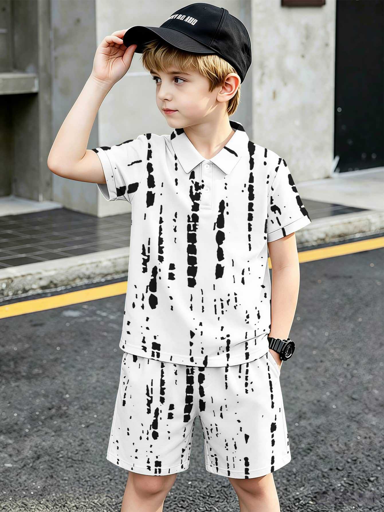 Conjunto de polo e calções para menino com estampado 3d_voghion.com