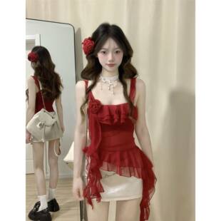 Thai trend pure sling high-end temperament hot girl irregular red top girl small summer outfit