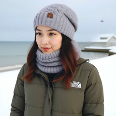 TEMU冬季欧美帽子围脖套装女士防寒保暖针织帽护耳套头毛线帽跨境