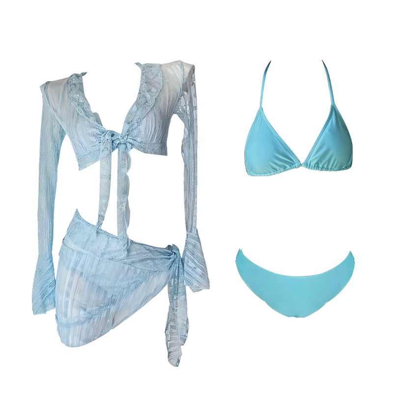 Traje de baño bikini femenino dividido traje de cuatro piezas puro viento encaje manga larga protector solar aguas termales playa traje de baño de vacaciones