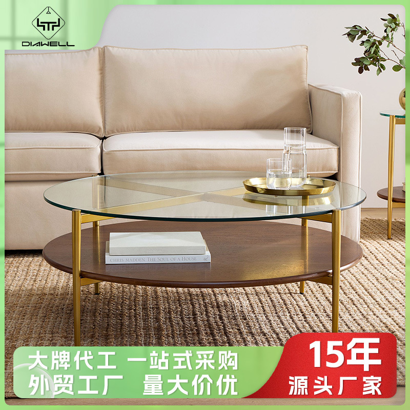 Mesa de té redonda de dos capas de tabla de roca lujosa y alta sensación moderna simple de vidrio templado mesa de café
