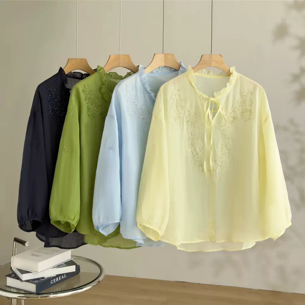 恩迪V领木耳边系带钉珠刺绣苎麻衬衫女春季淡黄色宽松时尚上衣