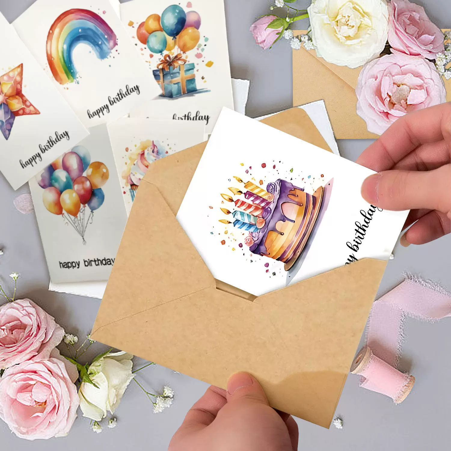 亚马逊爆款水彩生日蛋糕手写贺卡 生日祝福空白卡片兼节日礼物