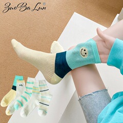 Socks for Women - Summer Thin Crew Socks with Mesh Ventilation Striped 100% Cotton Bunchy Socks in Japanese Student Style