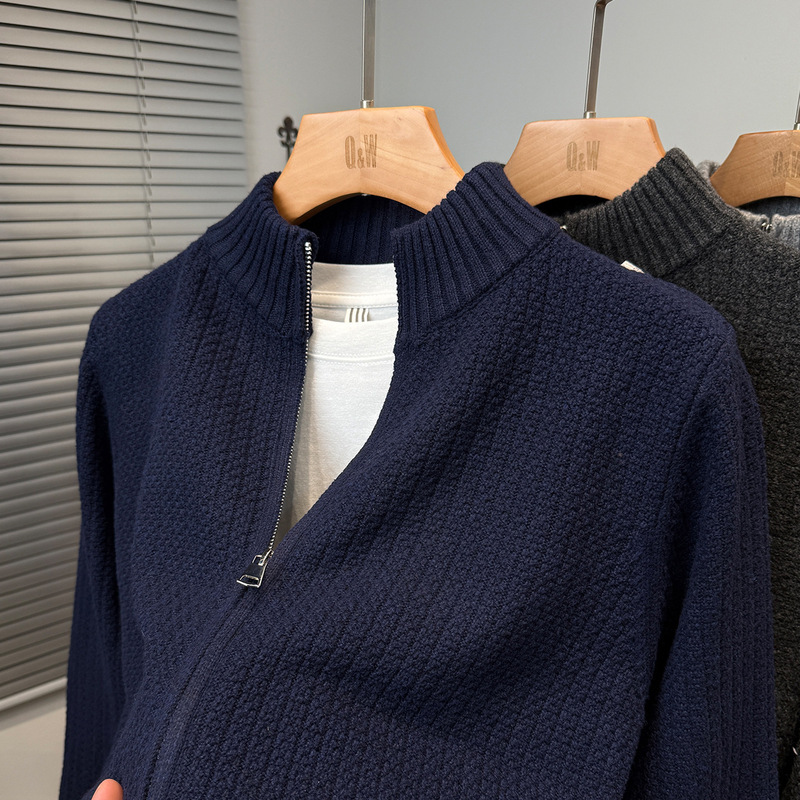 2025 Spring and Autum Double Zipper Half Turtleneck Cardigan Men's Knitwear Middle-Aged Sweater Jacket Stand Collar Outer Pure Color