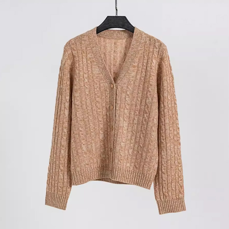 2025 Autumn and Winter New Style V-Neck Light Brown Knitted Cardigan for Women, Heavyweight High-End Twist Wool Cashmere Top 2025 Autumn and Winter New Style V-Neck Light Brown Knitted Cardigan for Women, Heavyweight High-End Twist Wool Cashmere Top
