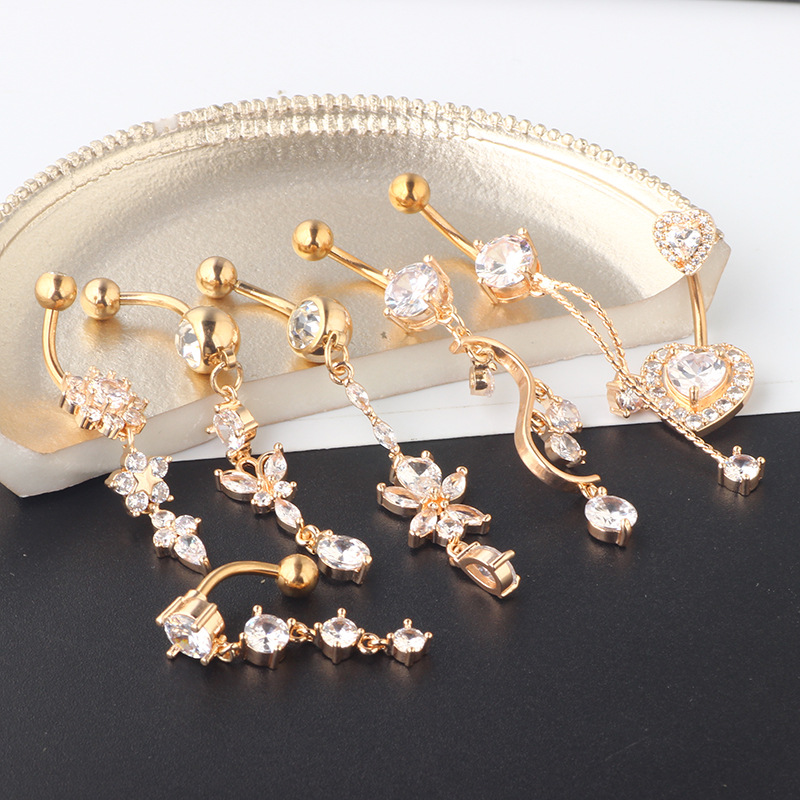 Mixed Zircon Navel Ring Set - 7-Piece Belly Button Piercing Jewelry with Heart Shape detail image 9
