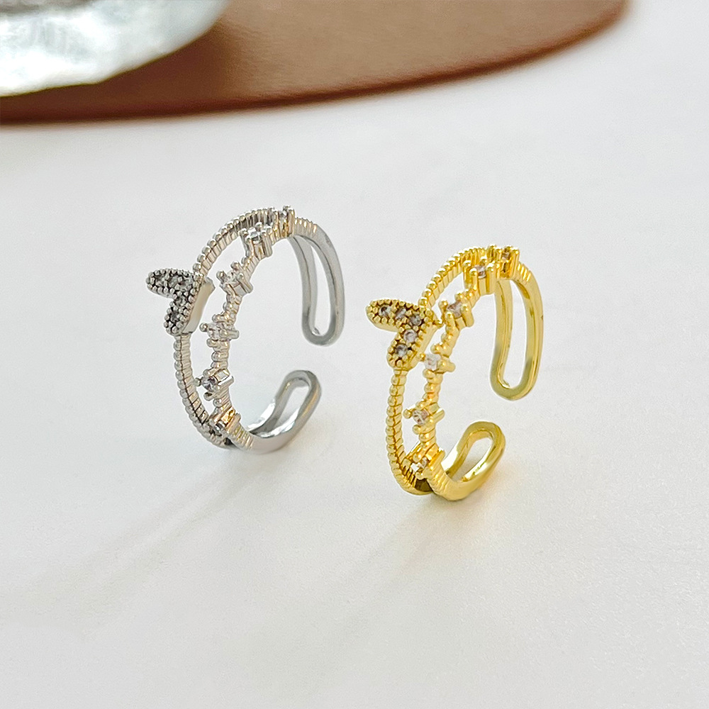 Women'S Gender Fashion Double Layers Heart Zircon Inlaid Open Copper Ring