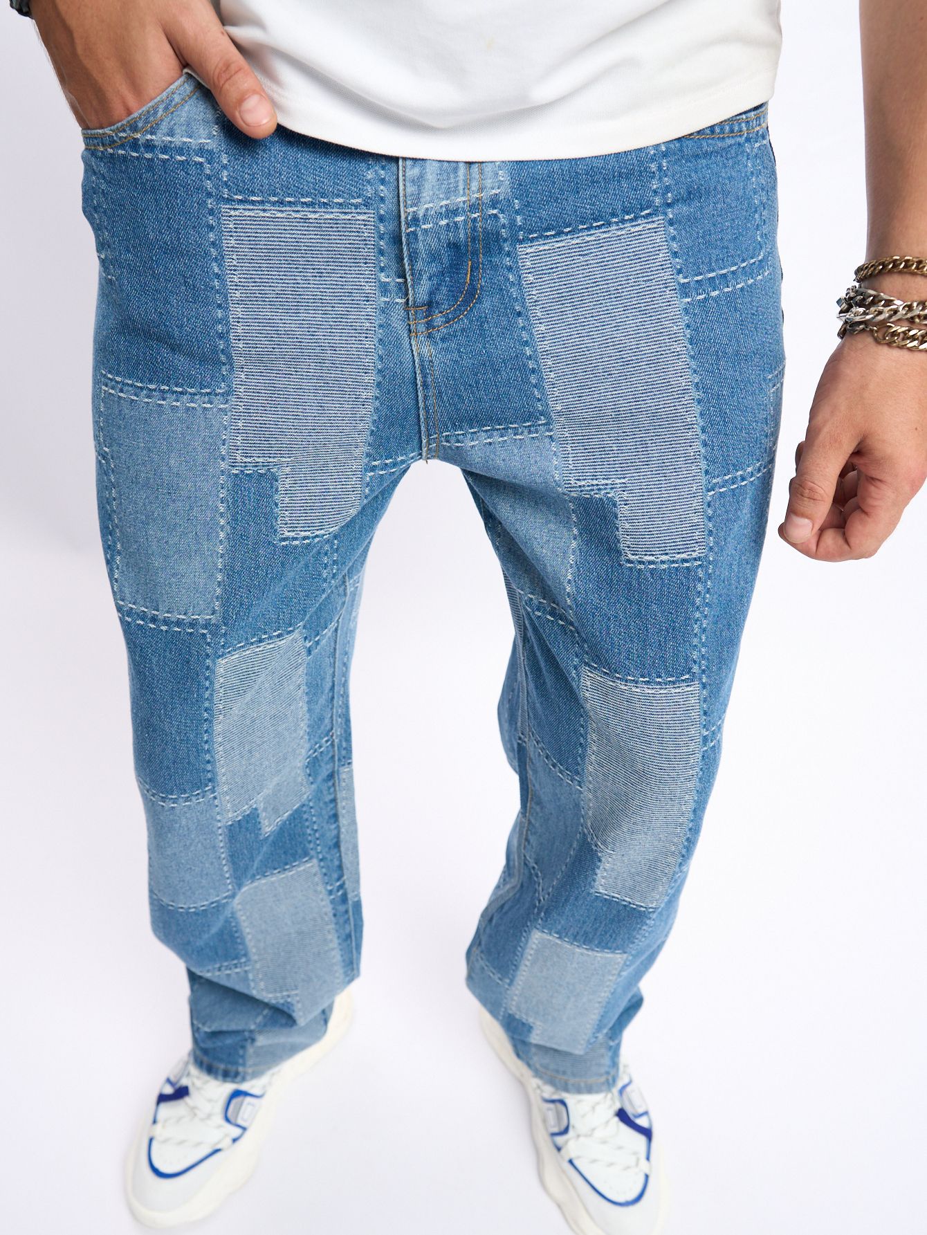 Autocollants d'étiquette tendance denim, points de suture, jeans élastiques, pantalons amples à jambes larges pour hommes, pantalons de sol, 2024_voghion.com