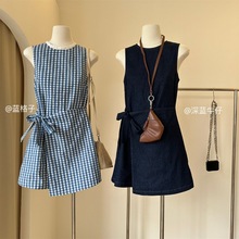 塞纳日系简约高级感通勤牛仔裙  两色无袖圆领女收腰系带短裙