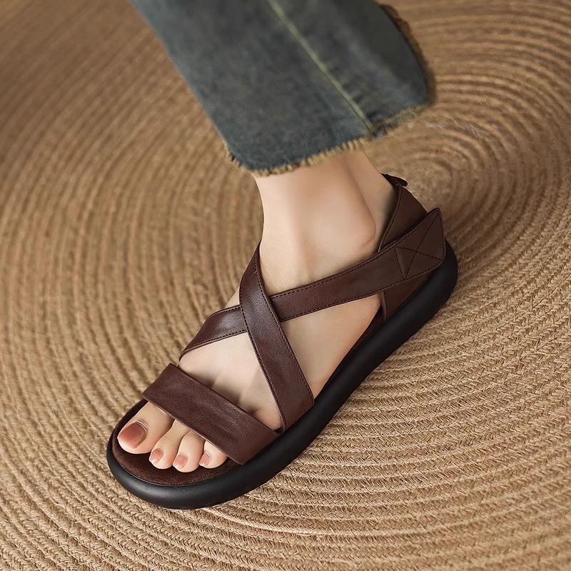 매우 부드러운 천연가죽~ 두꺼운 밑창의 여성용 샌들, 2026년 여름 신상, 스커트와 함께 입기 좋은, 다용도로 활용 가능하고, 아름답고 발이 피곤하지 않은 로마 샌들