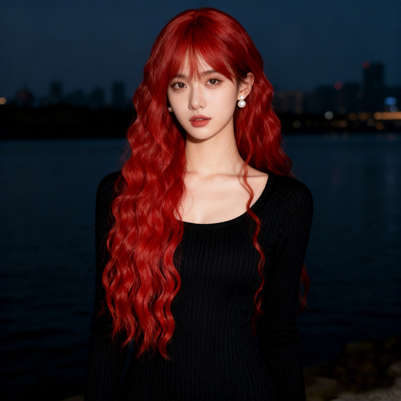 In-Stock Red Wig for Women, Long Full Headpiece, Realistic Long Curly Hair with Air Bangs, Retro Hong Kong Style Wool Curls In-Stock Red Wig for Women, Long Full Headpiece, Realistic Long Curly Hair with Air Bangs, Retro Hong Kong Style Wool Curls