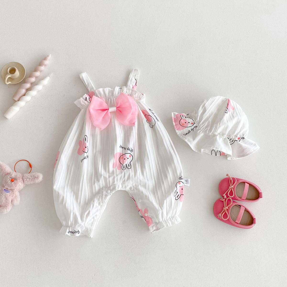 ベビーサスペンダージャンプスーツ夏薄い女の赤ちゃん甘いリボンかわいいウサギのハイハイスーツプリンセス服