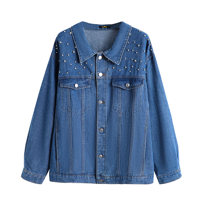 Damenbekleidung 130 320 Große Damen-Casual-Jeansjacke im Frühlings- und Herbststil, leicht fettes Mädchen, Nageldiamant, frischer, fauler Stil_voghion.com