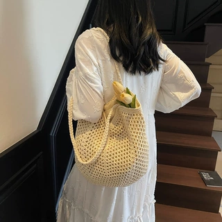 休闲大容量棉线编织包新款镂空草编包慵懒风单肩包度假沙滩包女包