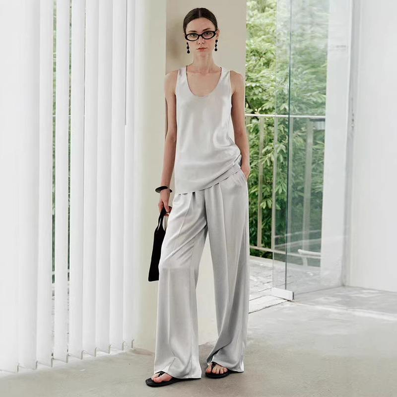 Minimalist Acetate Satin Glossy Sleeveless Vest + Camisole Fashion Cool Casual Pants Set for Women Summer