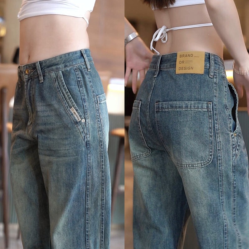 American retro-style men's jeans with drawstring and semi-elastic waistband, loose fit, straight-leg design, trendy brand, elastic tapered pants for men American retro-style men's jeans with drawstring and semi-elastic waistband, loose fit, straight-leg design, trendy brand, elastic tapered pants for men