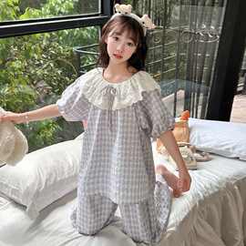 黁白女童2026夏季新款甜美蕾丝格子睡衣两件套儿童短袖薄款家居服