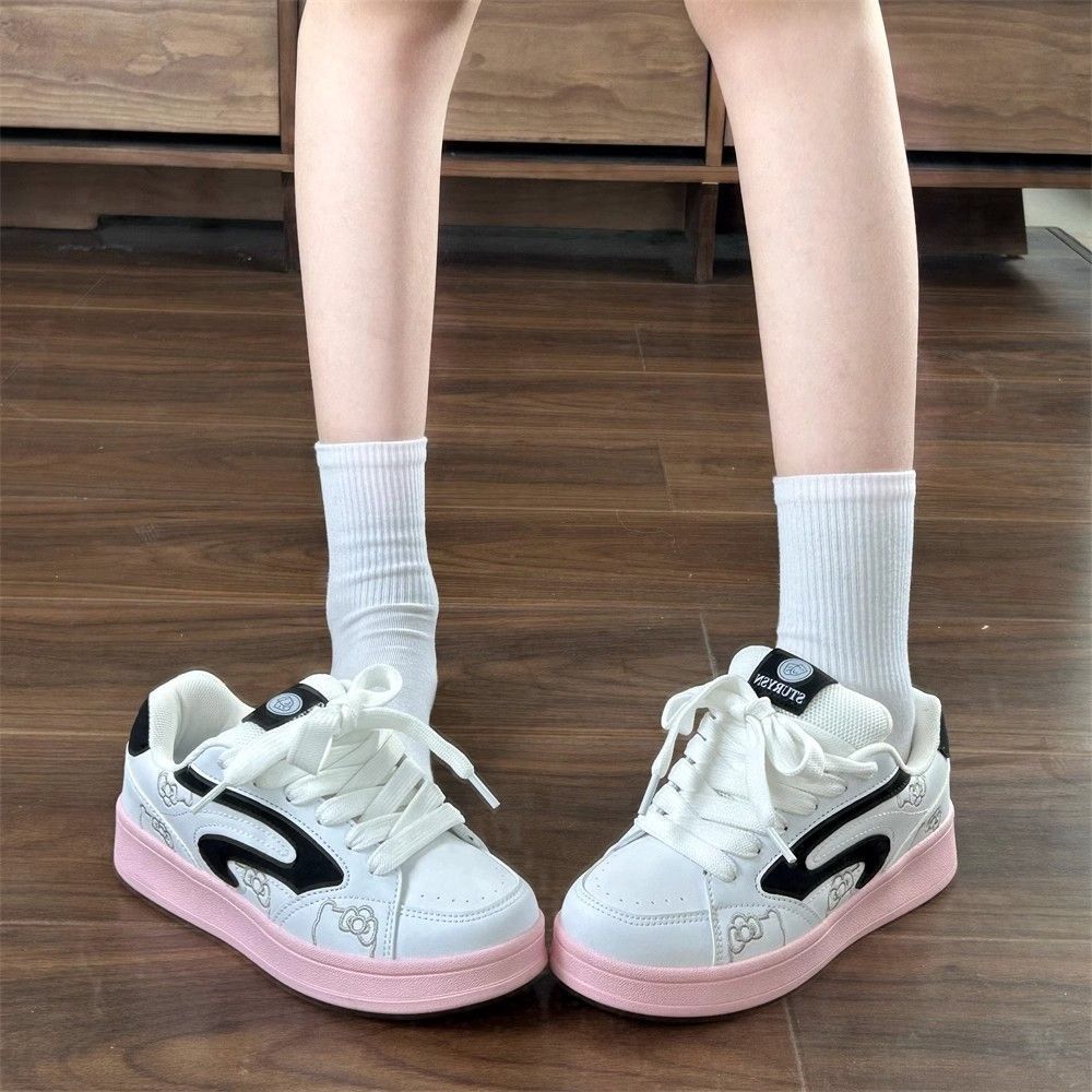 Polvo blanco original costura gato diseño zapatos de pan mujeres retro diseño de nicho zapatos de skate suela gruesa zapatos deportivos antideslizantes