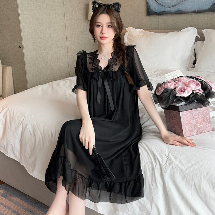 섹시한 레이스 여름 메쉬 나이트 드레스 여자 가슴 패드 분리 가능한 중간 길이 인터넷 인기 홈 의류