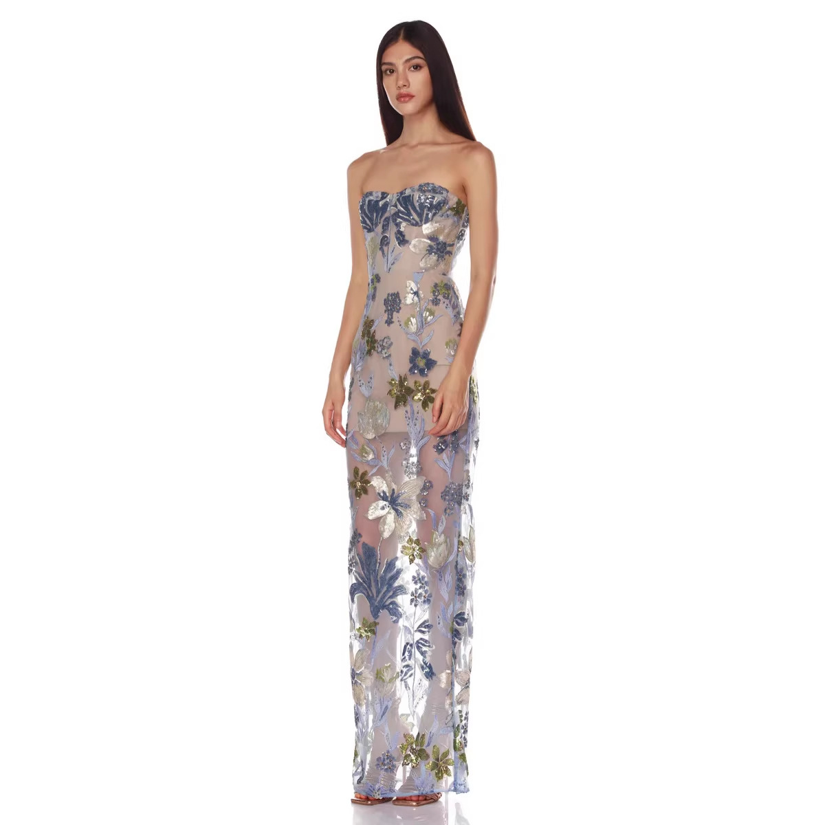 Banquet Evening Dress New Style Strapless Light Luxury Niche French High-end Dress Host Sequin Flower Fairy Dress