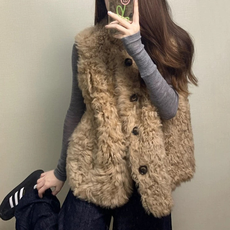 Korean Style Super Nice Layered Brown Waistcoat Lamb Plush Vest Women's Autumn Outer Wear 2025 New Style