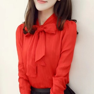Spring and Autumn New Korean Style Versatile Simple Loose Slimming Chiffon Strap Bow Long-Sleeved Shirt for Women