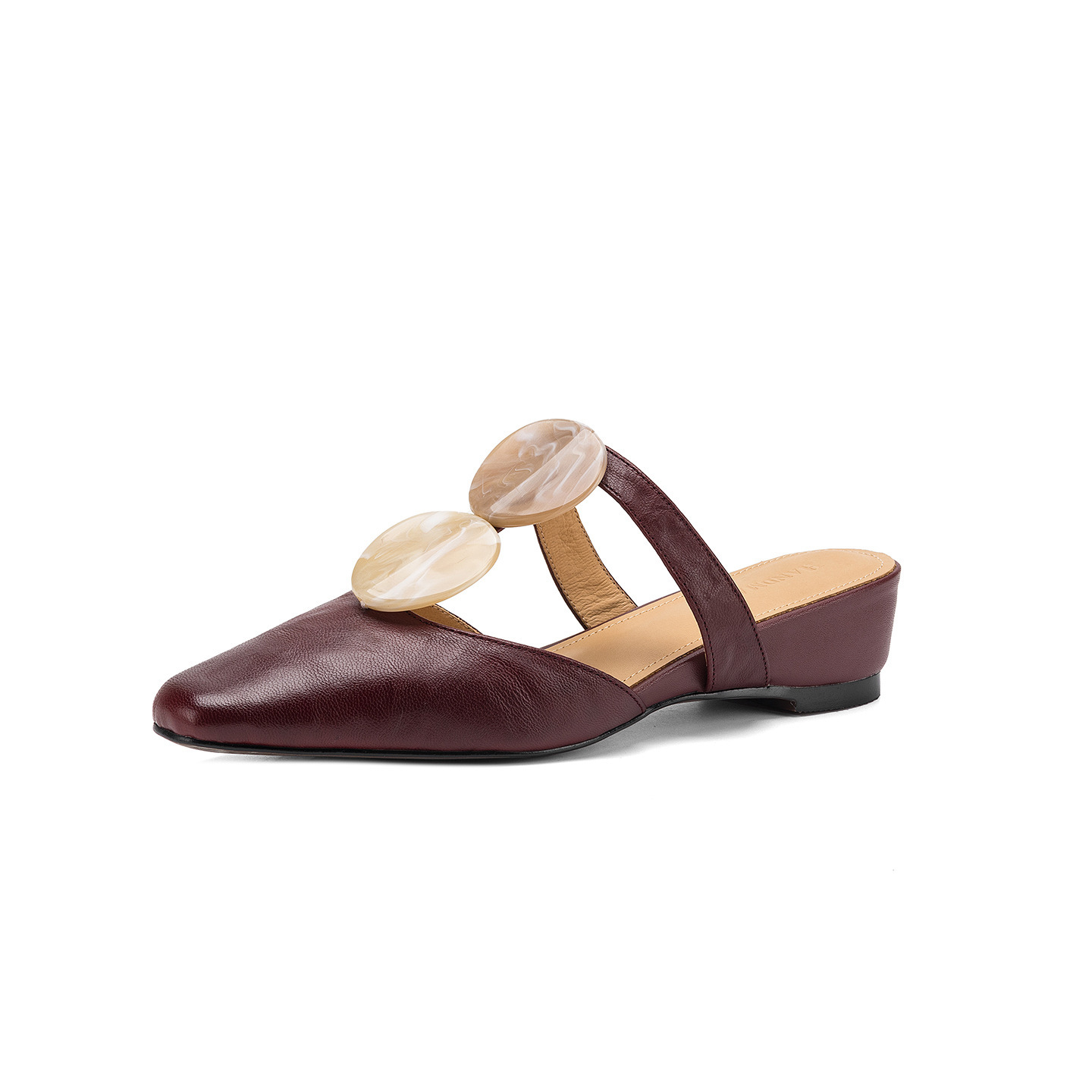 Sandal nữ da dê mũi kín gót thấp phong cách vỏ sò — đen