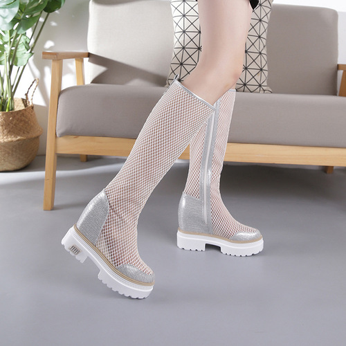 Korean style round toe high boots women's zipper wedge boots mesh breathable casual leather boots