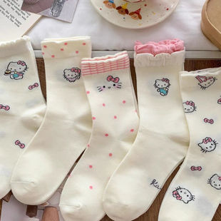 Summer Thin Kt Cat Socks for Women, Mid-Calf Socks, Ins Japanese Sweet Cartoon Lace Long Socks, White Long Socks for Women