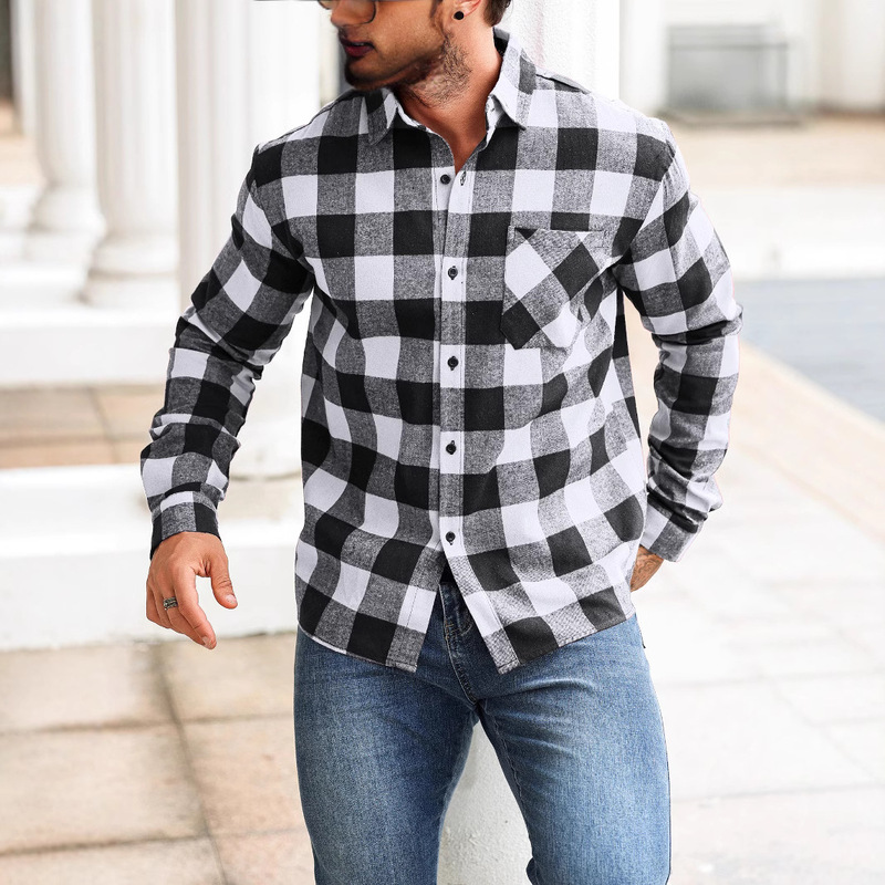1 Pair Men's Plaid Shirt Lap Collar Jacket Coat with Pocket Long Sleeve Four Seasons Casual Street Outdoor