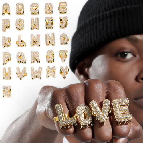 Hip-Hop Ring DIY Exaggerated Full Diamond Waterdrop Design English Letter LOVE Full Diamond Ring Amazon Exclusive