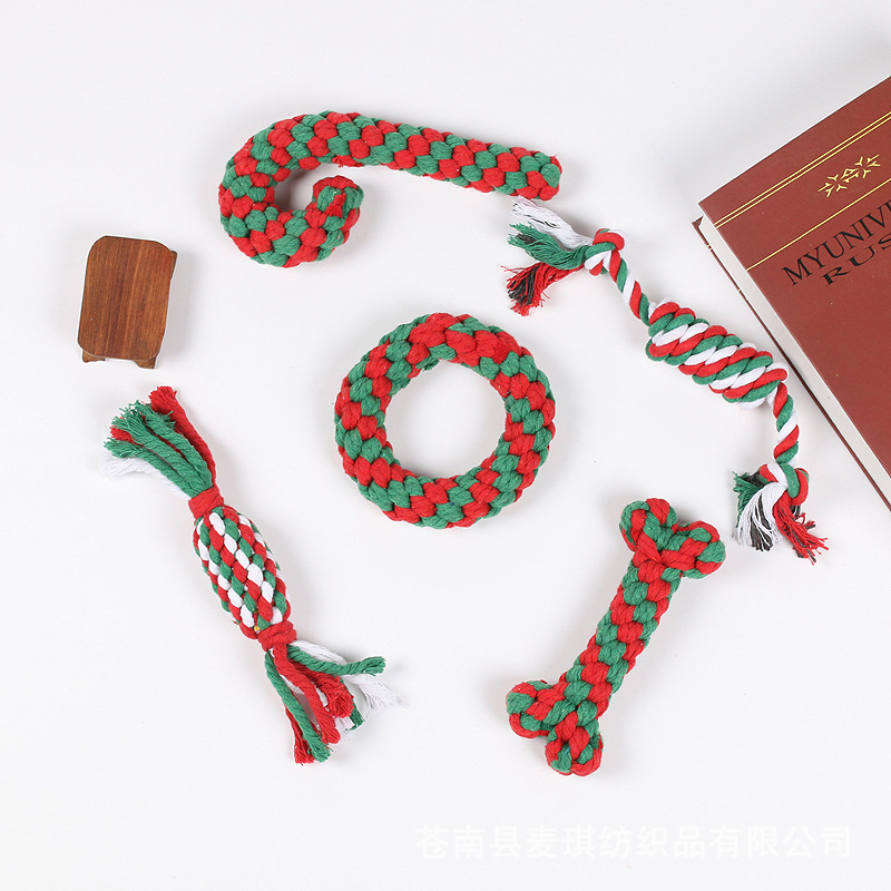 Juguetes para mascotas, serie navideña, juego combinado navideño en stock, juguetes de cuerda de algodón para la limpieza de dientes y la mordida, juguetes para perros al por mayor.