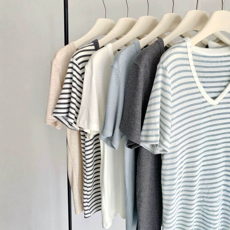 In-Stock Goose Egg Collar Tencel Lyocell Raindrop Linen T-Shirt U-Neck Tencel Linen Acetate Versatile Minimalist Short Sleeve