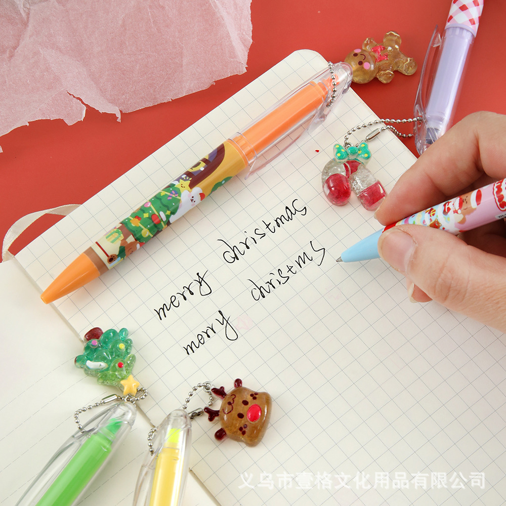 Navidad de doble cabeza bolígrafo neutro resaltador de dibujos animados Santa Claus reno vacaciones pequeños regalos de alto valor colgante bolígrafo de agua