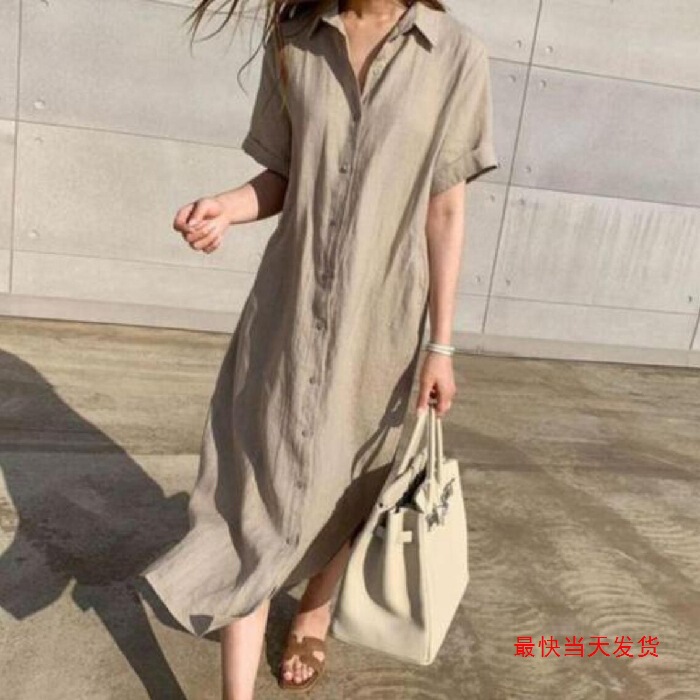 Simple Loose-Fitting Tie-Waist Single-Breasted Short-Sleeve Cotton-Linen Shirt Dress for Women, in Stock Simple Loose-Fitting Tie-Waist Single-Breasted Short-Sleeve Cotton-Linen Shirt Dress for Women, in Stock