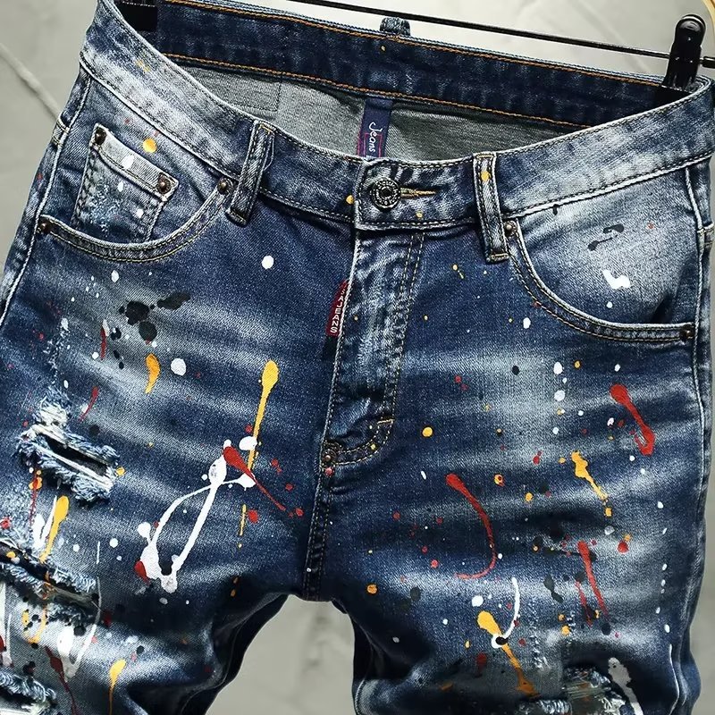 Men's Denim Shorts Splatted Ink Hole Denim Shorts For Men's Slim Fit Small Feet, Summer Thin Five Point Middle Pants, Korean Version,_voghion.com