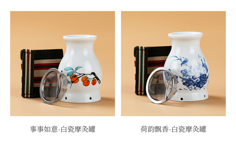 Ceramic Gua Sha Moxa Jar with Lotus Grain Sleeve for Back Massage and Warm Moxibustion in use
