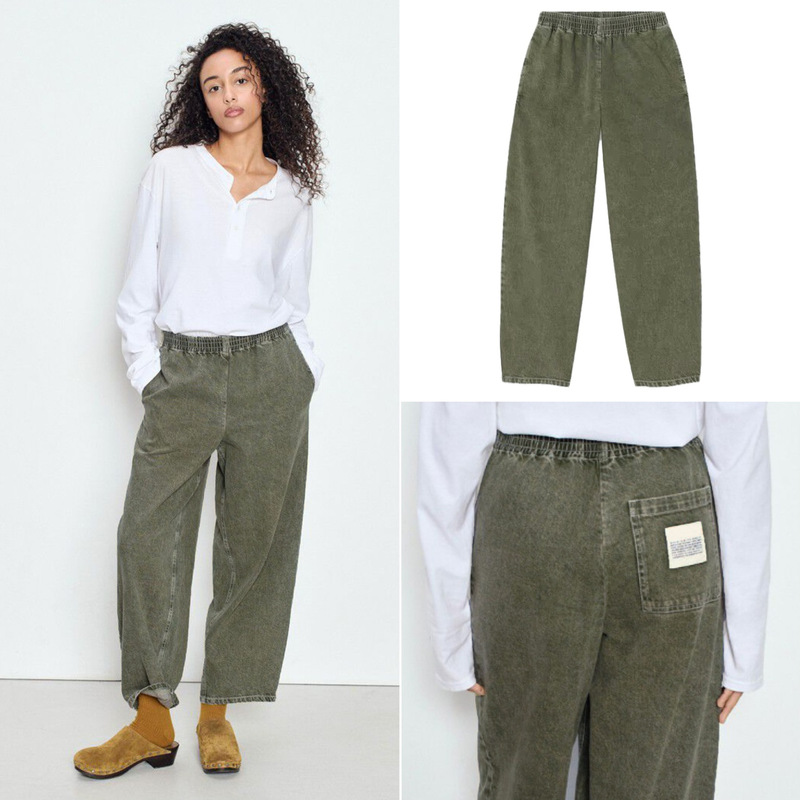 House Spring/Summer Olive Green Washed Vintage Cotton Elastic Waist Casual Tapered Jeans for Women