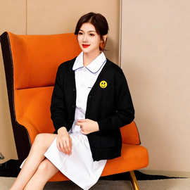 护士毛衣女医生工作服加刺绣logo外套藏蓝色厚开衫外搭上衣