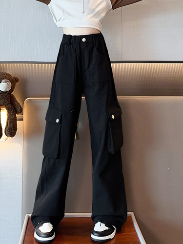 Kids' Han Version Spring and Autumn Style Pants 2025 Middle Kids Trendy Loose Button Work Pants Wide Leg Long Pants Fashion
