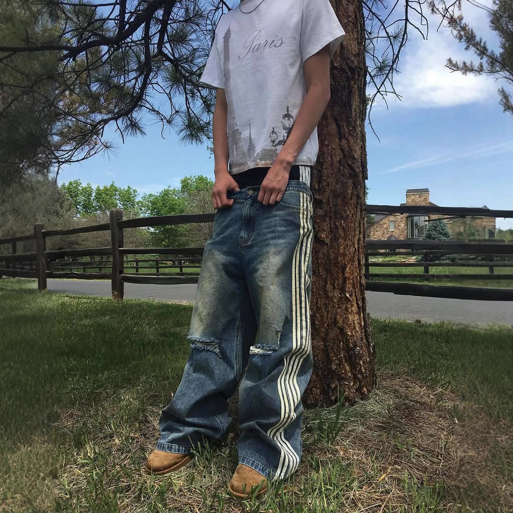 Vaqueros a rayas lavados europeos y americanos, pantalones de trapeador de pierna ancha de hip-hop holgados casuales de cintura alta para hombres