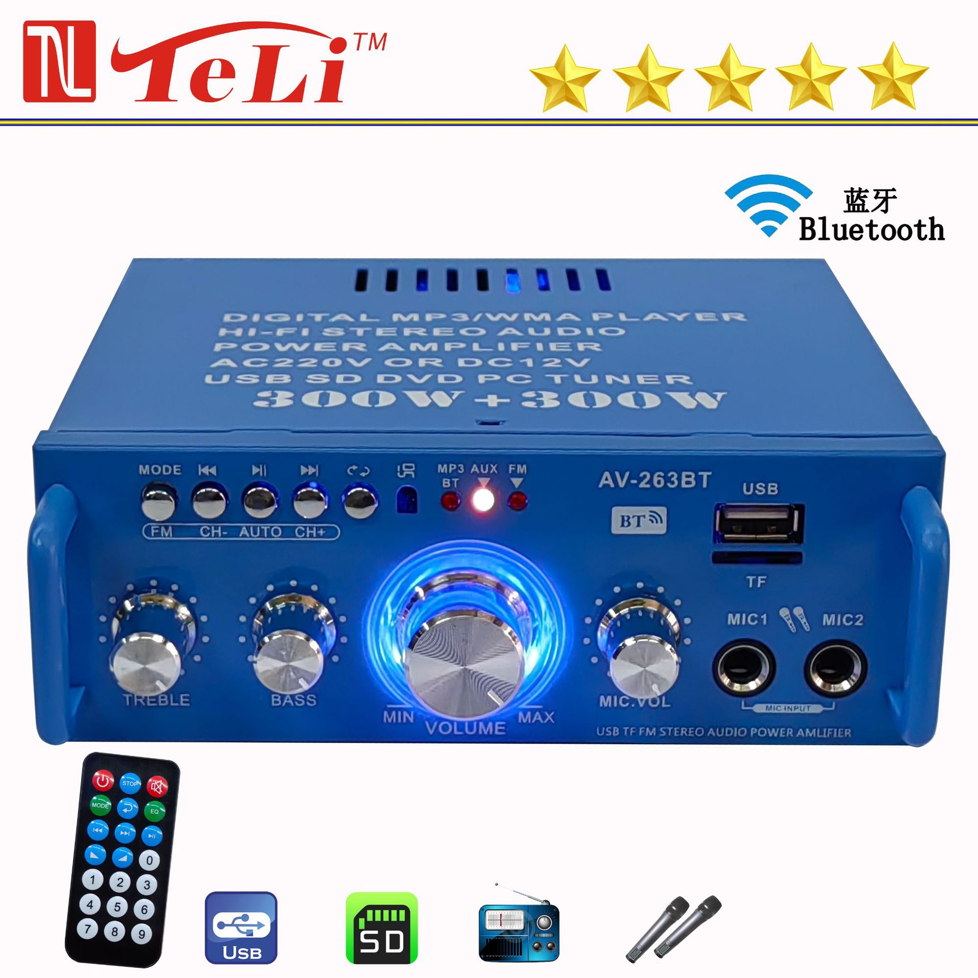 Стерео усилитель HiFi AV-263BT синий