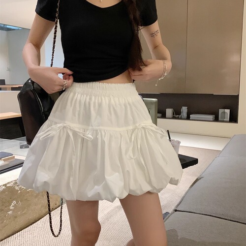 Design style bow tie fluffy skirt white skirt for women's summer sweet A-line short skirt flower bud skirt