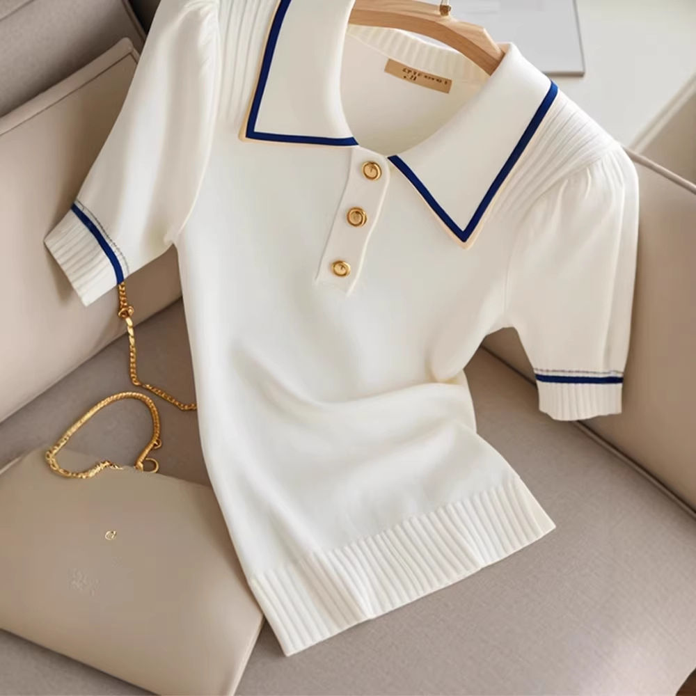 Áo thun nữ cổ polo tay lỡ phối màu chất liệu cotton lạnh — trắng chi tiết 3